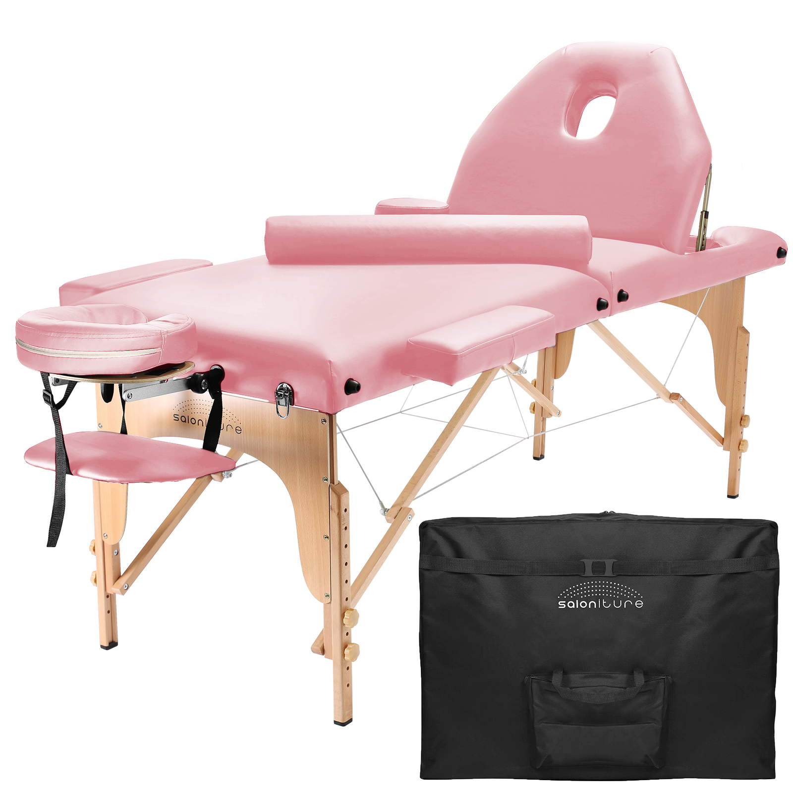 Saloniture Portable Cream Massage Table With Tilt Backrest & Bolster - Wood Frame (SAL-TABLE-198-CREAM)